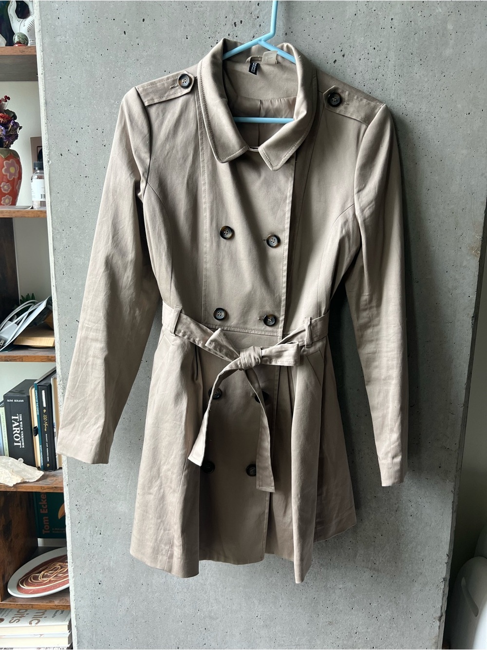 Divided Beige Double-Breasted Trench Coat with Belt